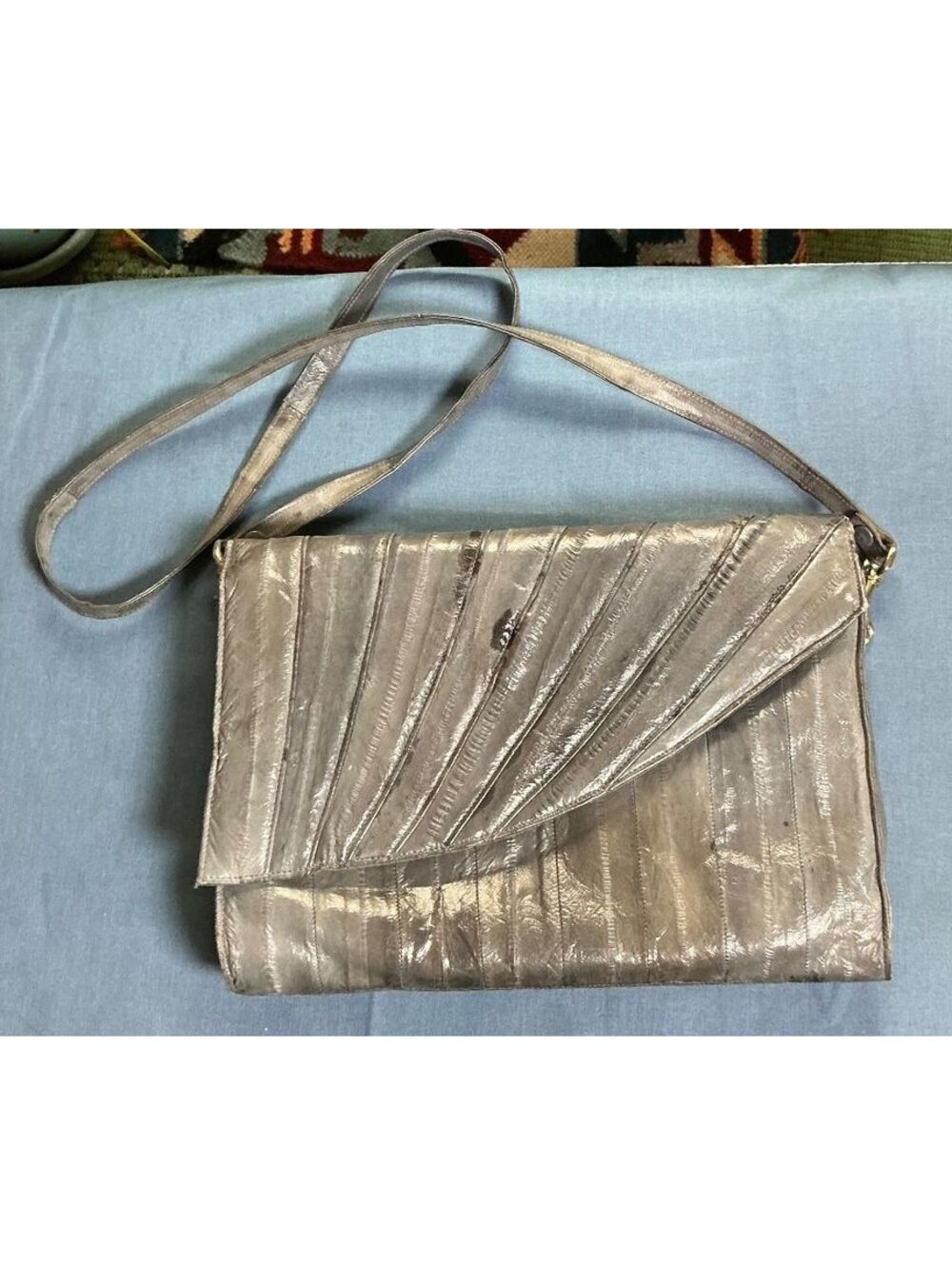 Vintage Genuine Eel Skin Purse Crossbody Bag Gray Made in Korea
